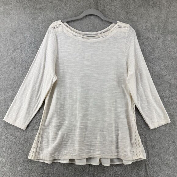 LOFT Top Womens L Cream Boat Neck 3/4 Sleeves Crochet Flutter Preppy Fairy New - Picture 1 of 13